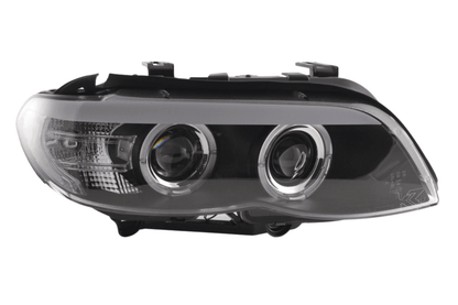 BMW X5 E53 headlights with black angel eye LED accents by K2 Industries, featuring xenon bulbs for 2003-2006 models.