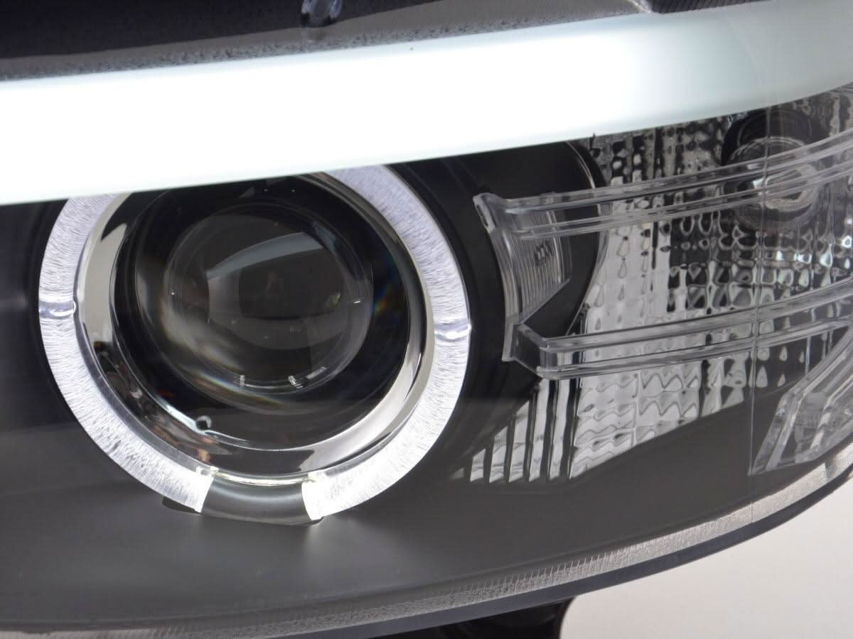 BMW X5 E53 headlights with black angel eye LED rings, Xenon bulbs, for 2003-2006 models by K2 Industries
