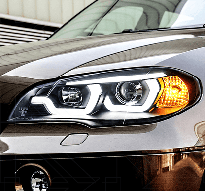 BMW X5 E70 3D Design Headlights by K2 Industries for 2007-2013 model, featuring sleek, modern headlight design.