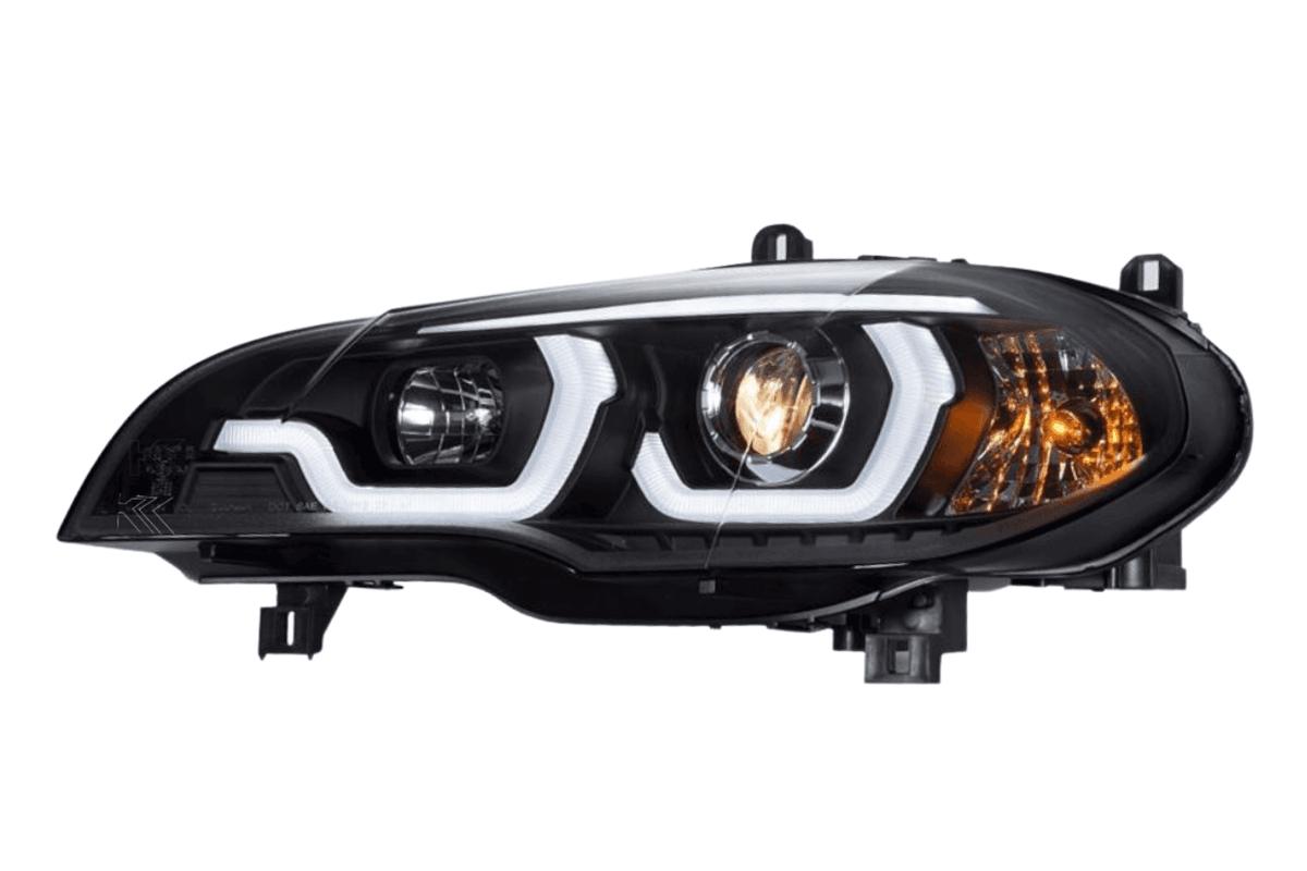 BMW X5 E70 3D Design headlights by K2 Industries for 2007-2013 model, featuring sleek, modern headlight assembly with detailed lens.