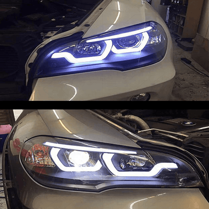 BMW X5 E70 3D Design headlights by K2 Industries, 2007-2013, showing sleek automotive headlight with modern optical design.