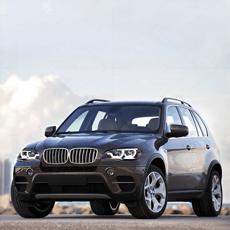 BMW X5 E70 3D Design headlights by K2 Industries for 2007-2013 model, showing sleek exterior with detailed lens and lighting elements.
