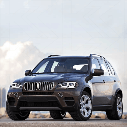 BMW X5 E70 3D Design headlights by K2 Industries for 2007-2013 model, showing sleek exterior with detailed lens and lighting elements.