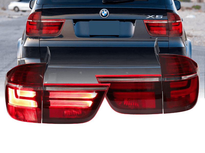 BMW X5 E70 LCI style LED tail light by K2 Industries, 2007-2012, showing sleek red and clear lens design for rear lighting.