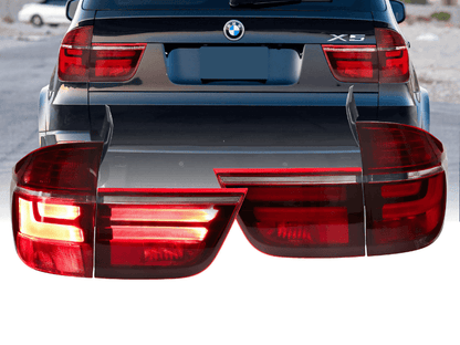 BMW X5 E70 LCI style LED tail light by K2 Industries, 2007-2012, showing sleek red and clear lens design for rear lighting.