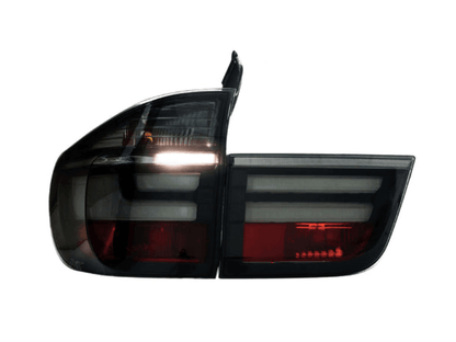 BMW X5 E70 LCI style LED tail light by K2 Industries, rear view showing sleek design and illuminated LED lighting for 2007-2012 models.