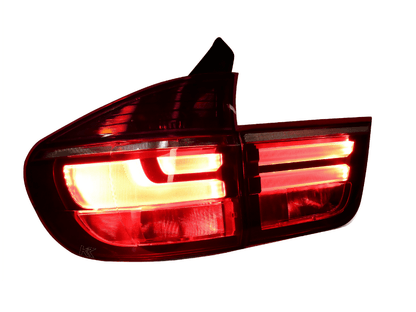 BMW X5 E70 LCI style LED tail light by K2 Industries, 2007-2012, showing sleek red and clear lens design for rear lighting.