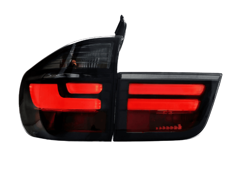 BMW X5 E70 LCI style LED tail light by K2 Industries, showing the sleek design and bright LED illumination for model years 2007-2012.