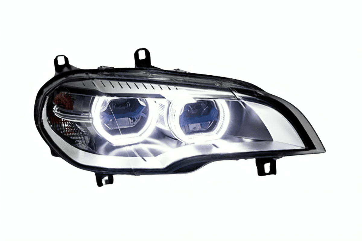 BMW X5 E70 projector headlights with OE style angel eyes, black housing, and clear lens for models 2007-2013 by K2 Industries.