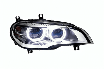 BMW X5 E70 projector headlights with OE style angel eyes, black housing, and clear lens for models 2007-2013 by K2 Industries.