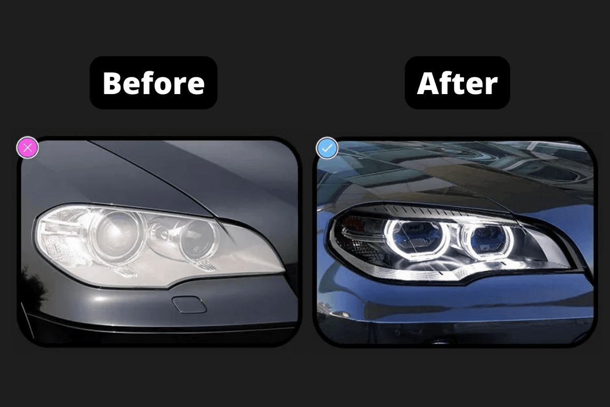 BMW X5 E70 2007-2013 OE style angel eyes projector headlights by K2 Industries, showing clear lens and integrated daytime running lights.