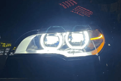 BMW X5 E70 OE Style Angel Eyes projector headlights by K2 Industries, showing sleek headlight assembly with angel eyes and projector lens.