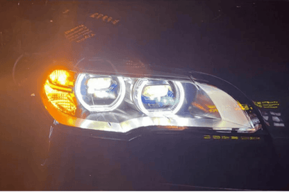 BMW X5 E70 projector headlights with angel eyes, OE style, for 2007-2013 models, by K2 Industries, showing the headlight assembly.