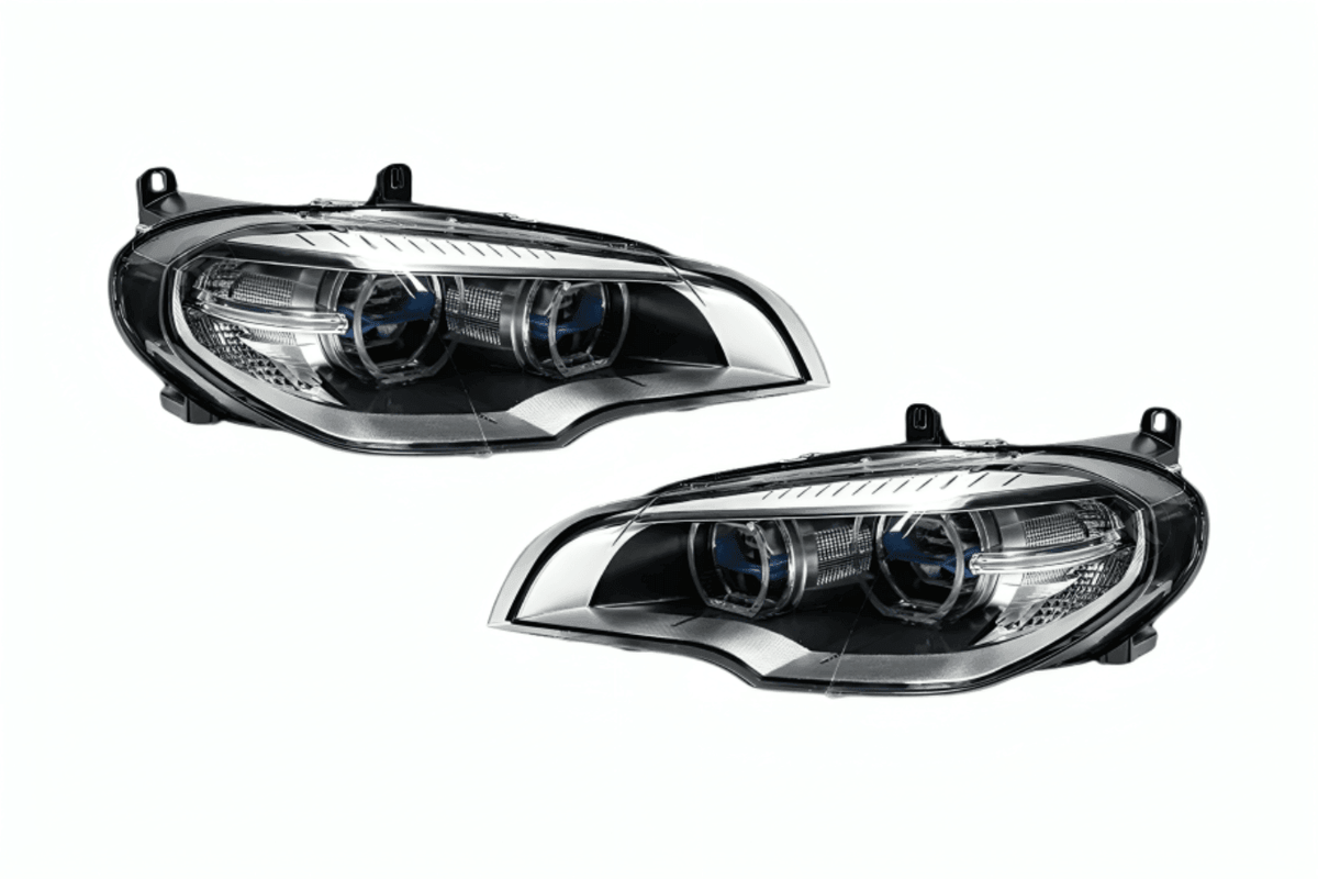 BMW X5 E70 OE Style Angel Eyes projector headlight by K2 Industries, showing the clear lens and distinctive angel eye rings.