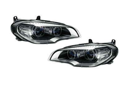 BMW X5 E70 OE Style Angel Eyes projector headlight by K2 Industries, showing the clear lens and distinctive angel eye rings.