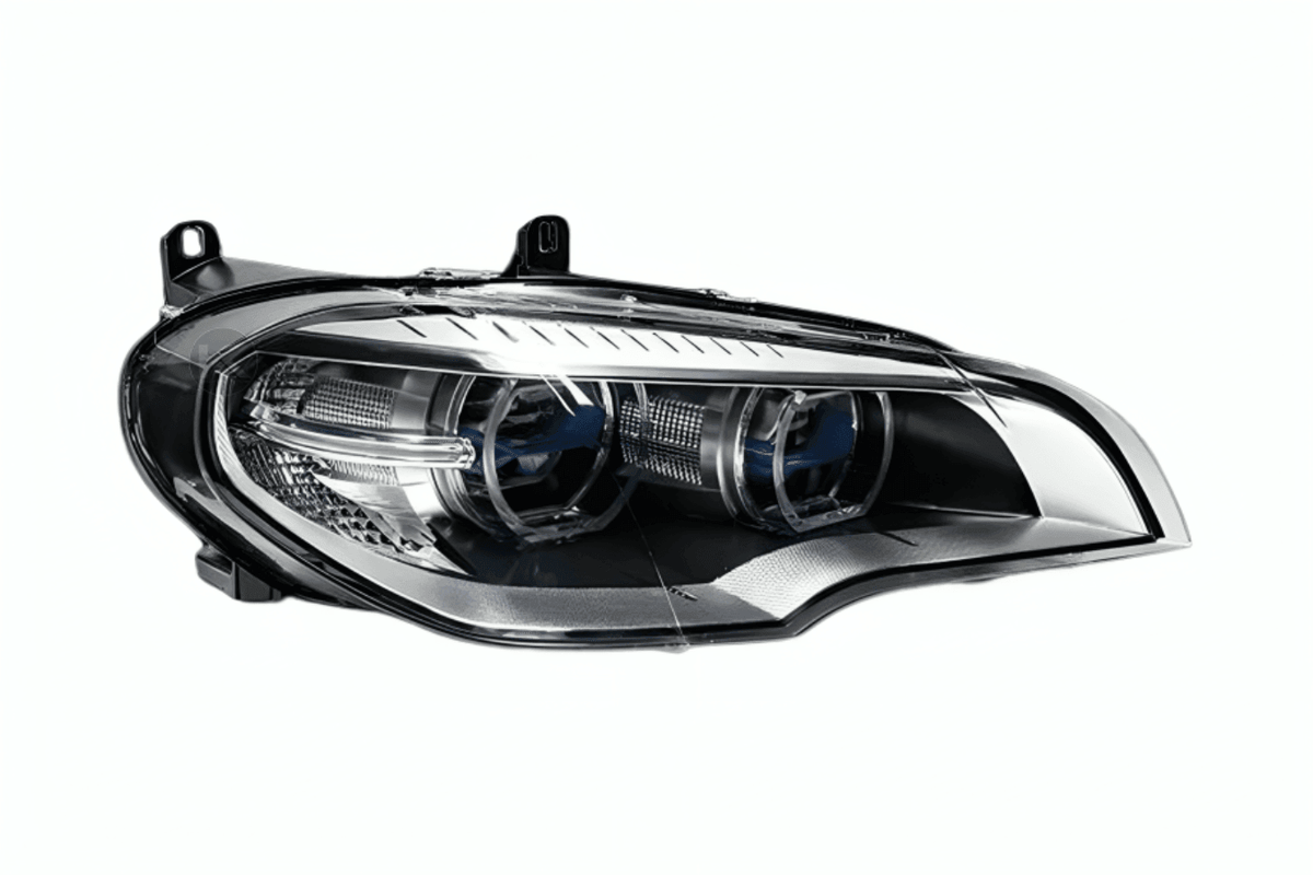 BMW X5 E70 projector headlights with OE style angel eyes by K2 Industries, fits 2007-2013 model, showing clear lens and sleek design.