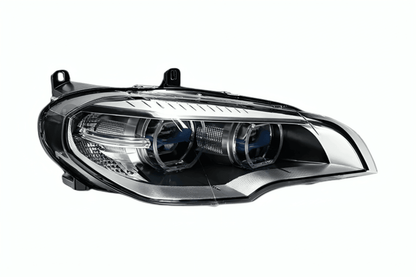 BMW X5 E70 projector headlights with OE style angel eyes by K2 Industries, fits 2007-2013 model, showing clear lens and sleek design.