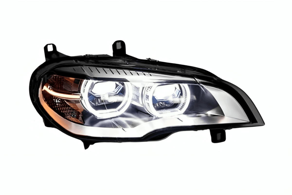 BMW X5 E70 headlights with OE style angel eyes and projector lenses, designed for 2007-2013 K2 Industries headlight upgrade