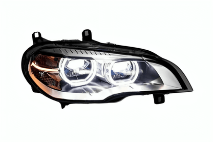 BMW X5 E70 headlights with OE style angel eyes and projector lenses, designed for 2007-2013 K2 Industries headlight upgrade