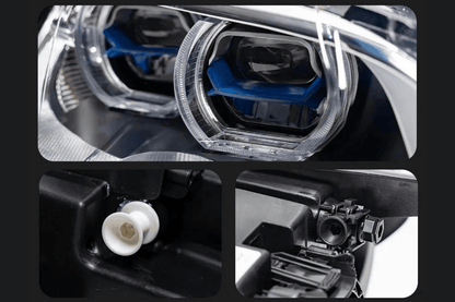 BMW X5 E70 headlight with OE style angel eyes and projector lens by K2 Industries, for 2007-2013 model years.