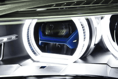 BMW X5 F15 F16 headlights with laser-style blue accents from K2 Industries, upgrade for models 2012-2019, showcasing sleek design.