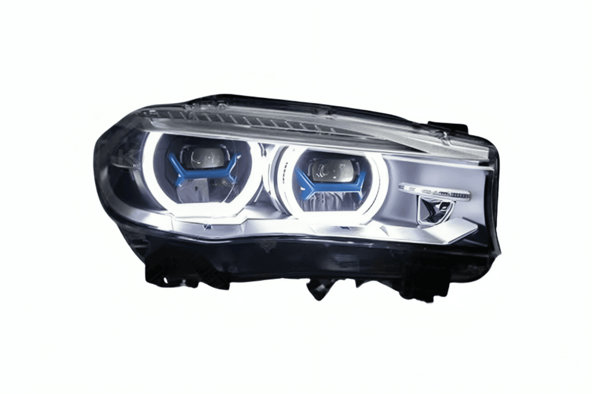 BMW X5 F15 F16 laser-style blue accent headlights upgrade by K2 Industries, showing the sleek blue LED headlight design.