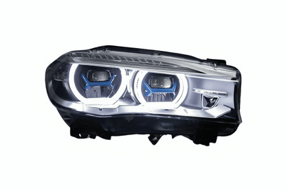 BMW X5 F15 F16 laser-style blue accent headlights upgrade by K2 Industries, showing the sleek blue LED headlight design.