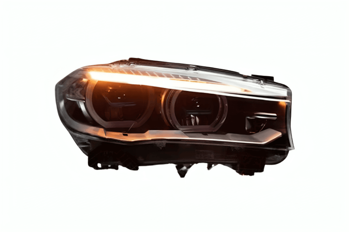 BMW X5 F15 F16 headlights upgrade with laser-style blue accents by K2 Industries, showing close-up of modern automotive headlight design.