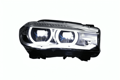 BMW X5 F15 F16 headlights with laser-style blue accents, upgrade by K2 Industries, for models from 2012 to 2019.
