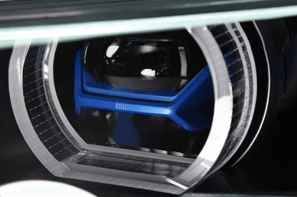 BMW X5 F15 F16 headlights upgrade with laser-style blue accents by K2 Industries, showing detailed view of modern LED headlight design.