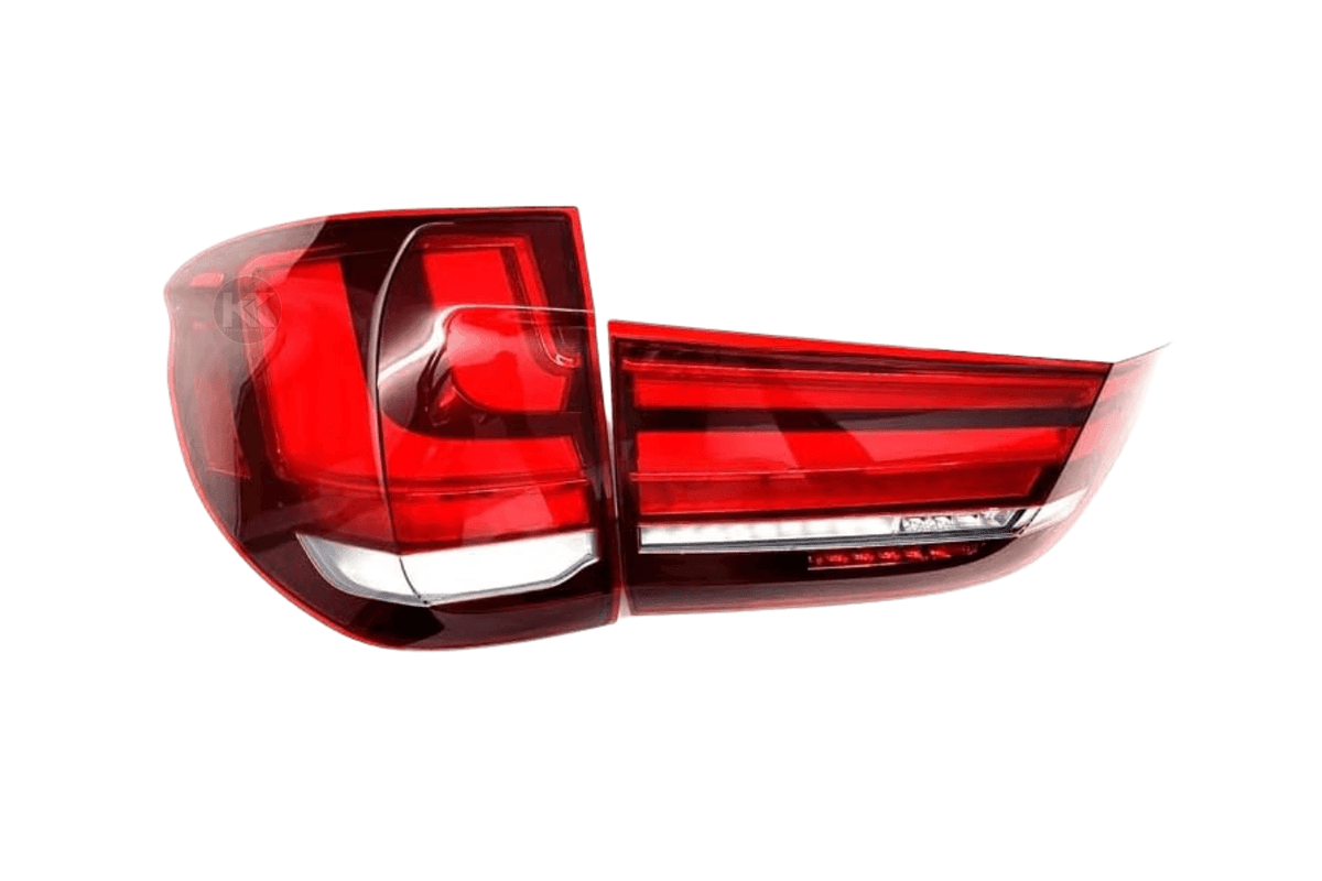 BMW X5 F15 OE Plus tail lights upgrade by K2 Industries, showcasing sleek red and clear tail light design for 2014-2018 models.