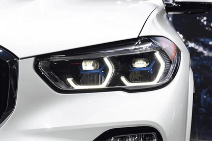 BMW X5 G05 modernized blue accent projector headlights upgrade by K2 Industries, showcasing sleek headlight design with blue accents.