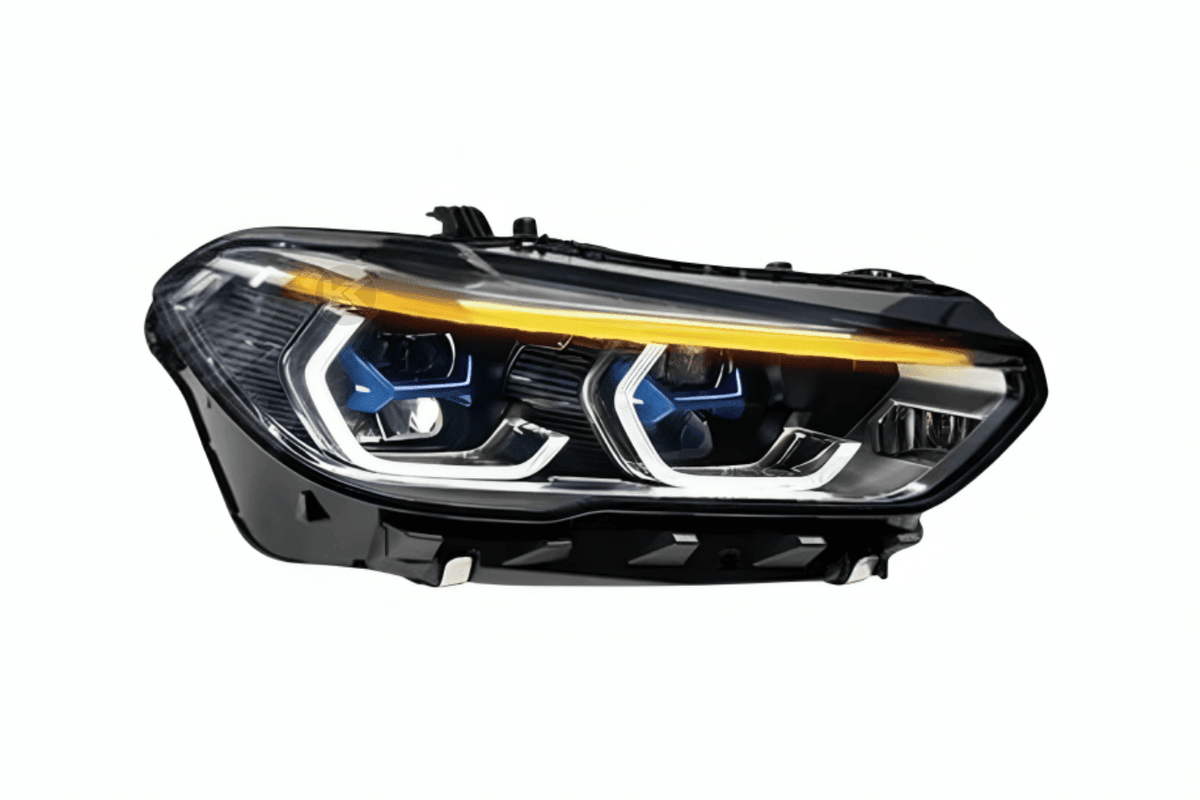 BMW X5 G05 projector headlights upgrade with modern blue accents, featuring sleek design and advanced lighting from K2 Industries.