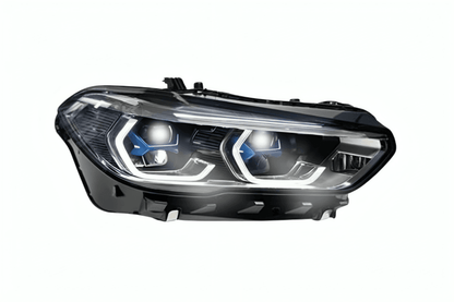 BMW X5 G05 projector headlights upgrade with modern blue accents by K2 Industries, visible in a sleek, high-quality car headlight image.