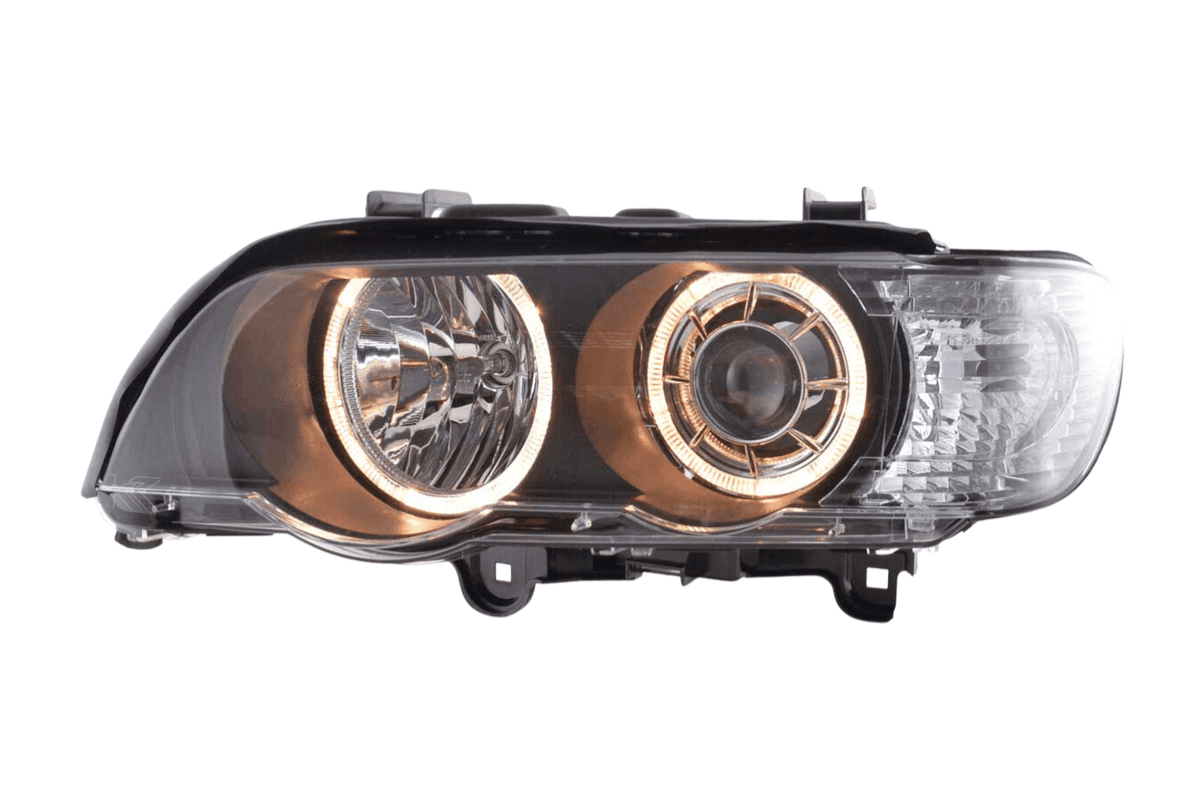 BMW X5 E53 black OE+ Angel Eyes headlights, 2000-2003, by K2 Industries, showing sleek headlight assembly with Angel Eyes rings.
