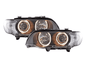BMW X5 E53 black OE+ Angel Eyes headlights by K2 Industries, showing the sleek headlight design with angel eye rings for 2000-2003 models.