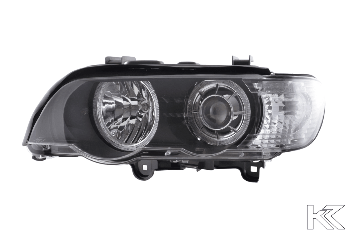BMW X5 E53 black OE+ Angel Eyes headlights from K2 Industries for 2000-2003, featuring sleek design and bright illumination.