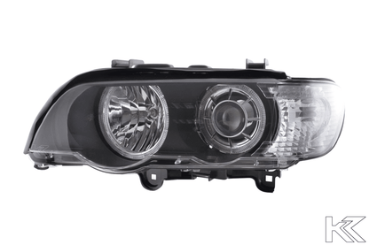 BMW X5 E53 black OE+ Angel Eyes headlights from K2 Industries for 2000-2003, featuring sleek design and bright illumination.