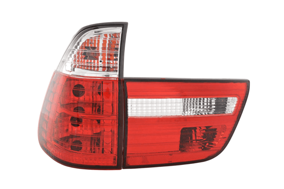 BMW X5 E53 Z33 tail lights set in red and white by K2 Industries, for 1998-2003 model with clear lens design.