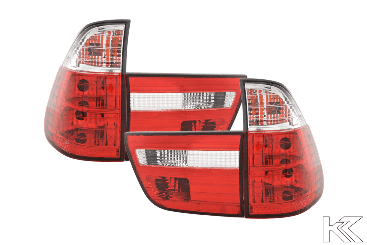 BMW X5 E53 Z33 tail lights set in red and white from K2 Industries, for models 1998-2003, showing front and rear view.