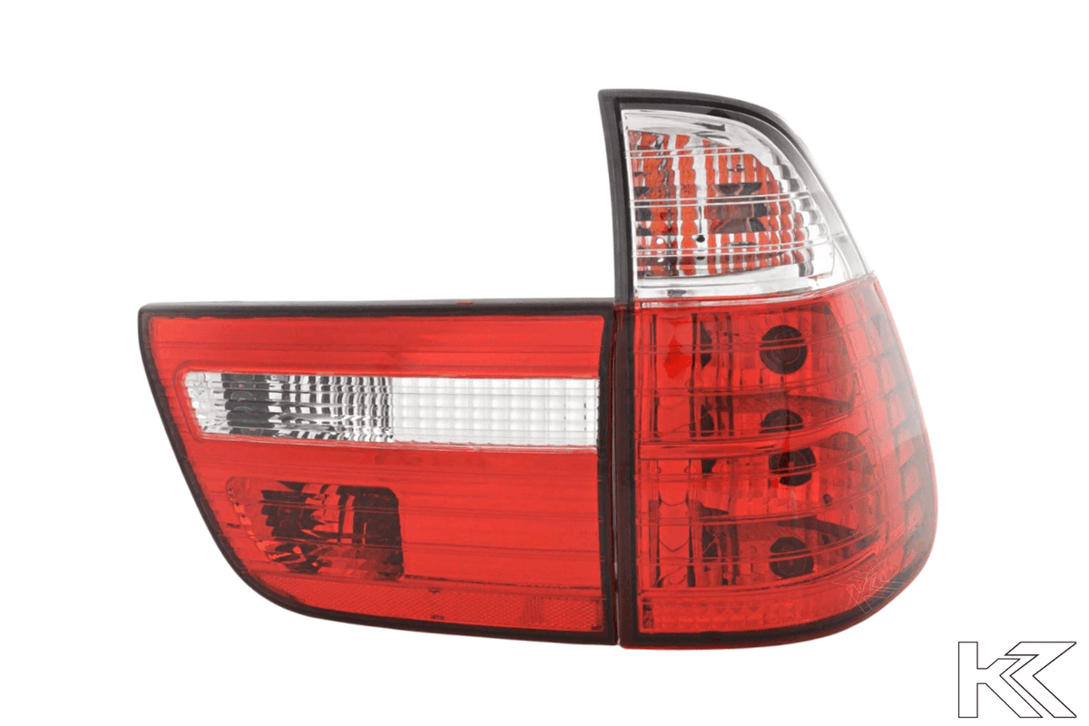 BMW X5 E53 Z33 tail lights set in red and white by K2 Industries, for 1998-2003 models, showing the rear light assembly.