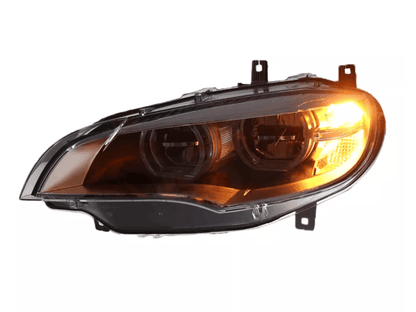 BMW X6 E71 headlight upgrade by K2 Industries, OE style headlights for 2008-2014 model year, shown with clear lens and modern design.