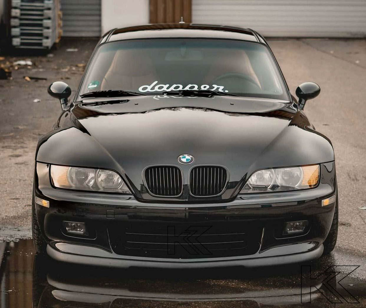 BMW Z3 Rieger front lip for 6-cylinder models, made by K2 Industries, shown installed on the front bumper of the 1995-2002 BMW Z3.