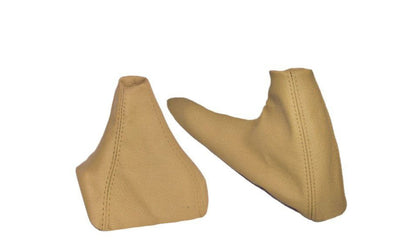 Beige leather shift and handbrake boot cover for BMW Z3 and M3 coupe, 13-inch size, by JTS Custom Upholstery.