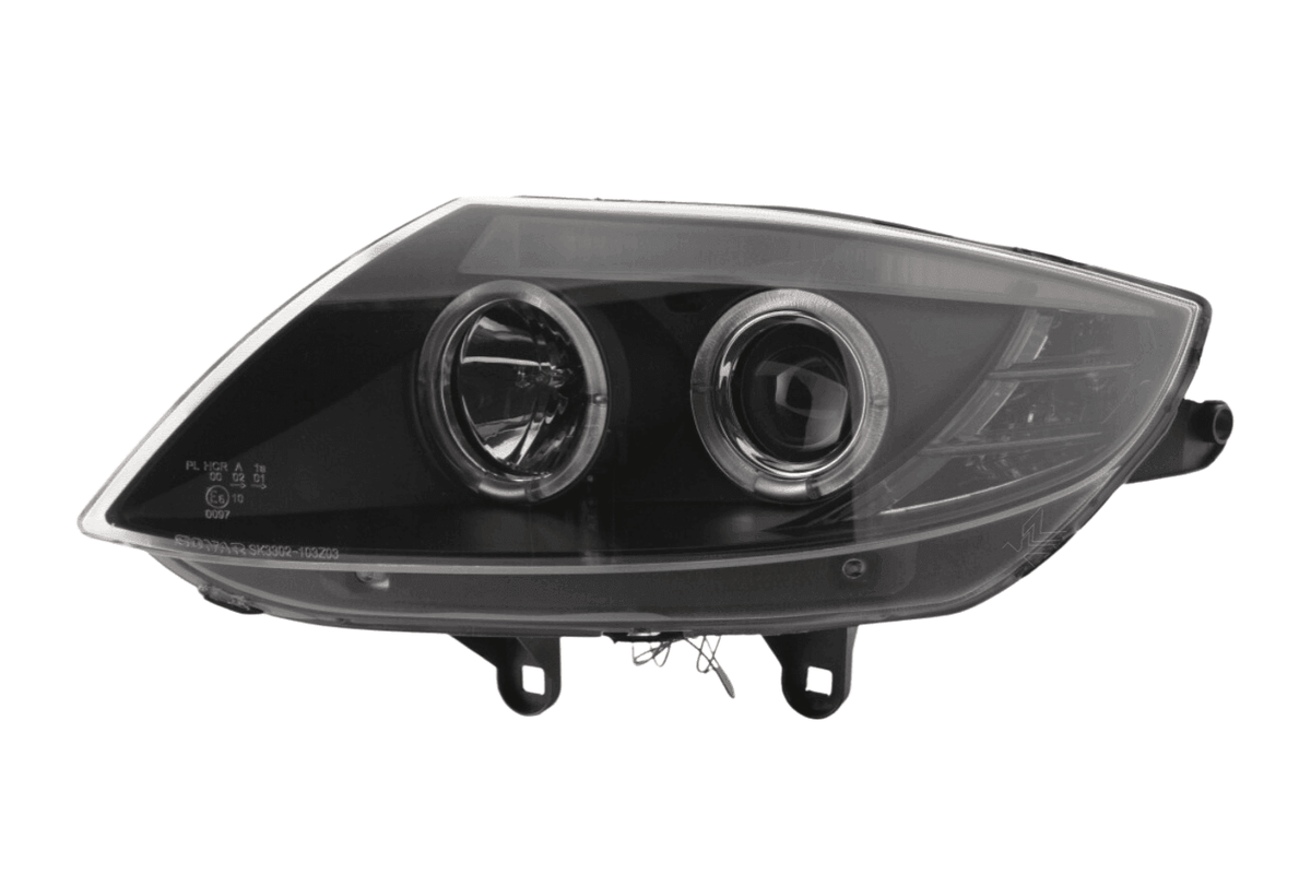 Black headlight set for BMW Z4 E85 E86 Type Z4 from K2 Industries, compatible with 2003-2008 models, front view of headlights.