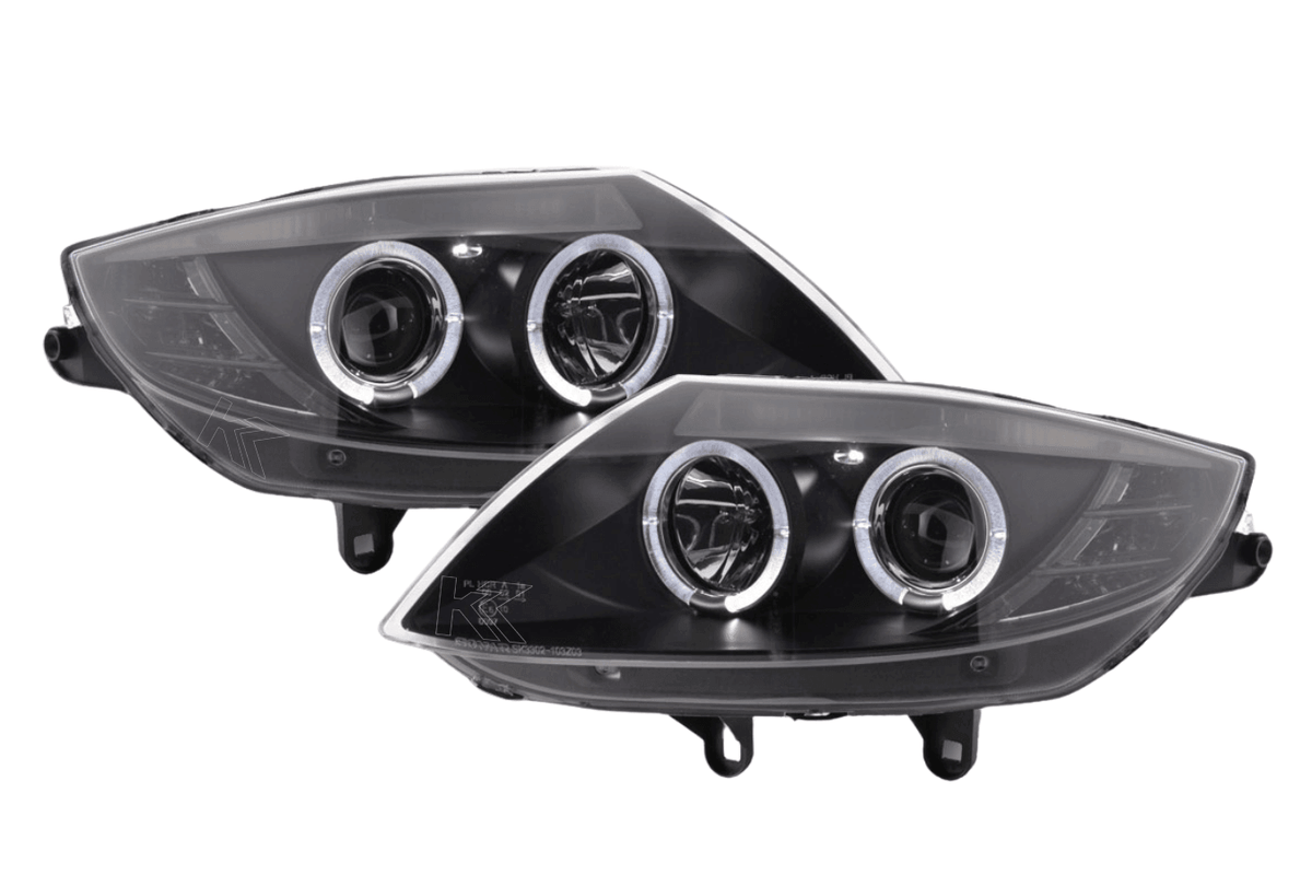 BMW Z4 E85/E86 black headlight set by K2 Industries for 2003-2008 models, showing the sleek headlights with clear lenses.