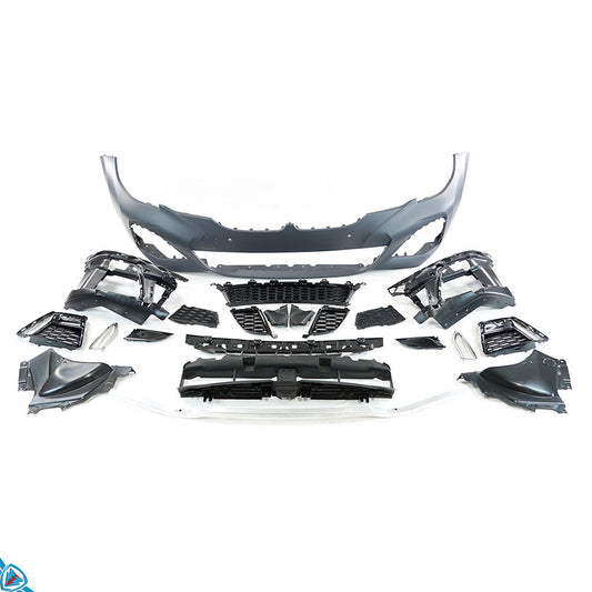 BMW 3 Series G20 M Sport front bumper conversion kit by E3Tuning, featuring polypropylene construction and sporty design.