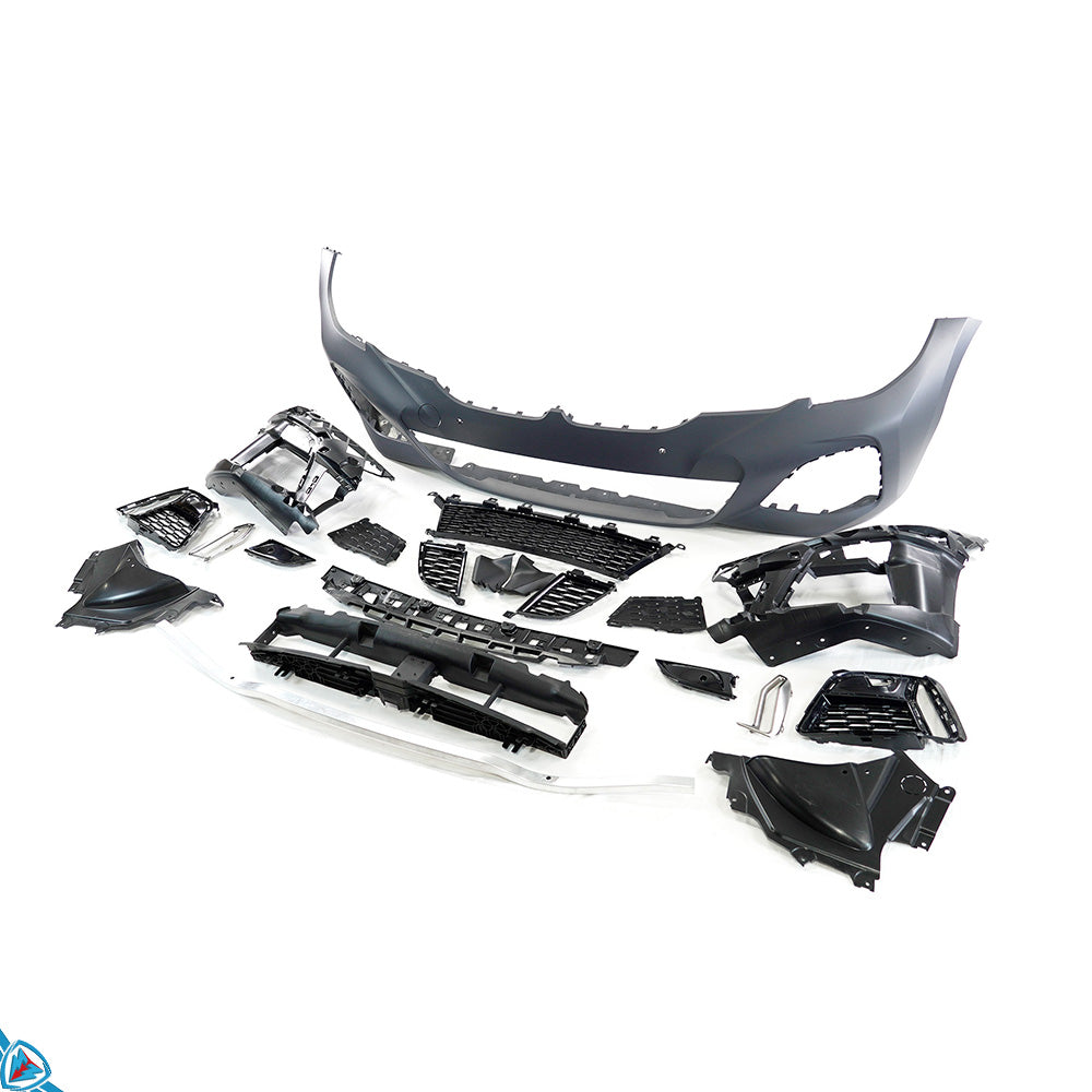 BMW 3 Series G20 M Sport front bumper conversion kit in polypropylene, featuring sleek design and sporty styling for 2019-2022 models.