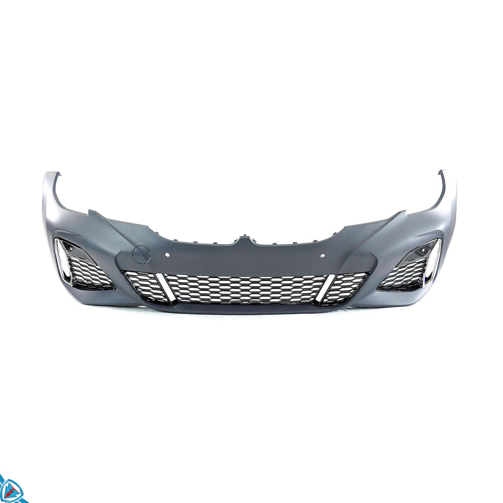 BMW 3 Series G20 M Sport style front bumper conversion kit by E3Tuning, showing the polypropylene bumper with grille and design details.