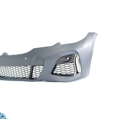 BMW 3 Series G20 M Sport Style front bumper conversion kit in polypropylene, showing the detailed design and fitment.